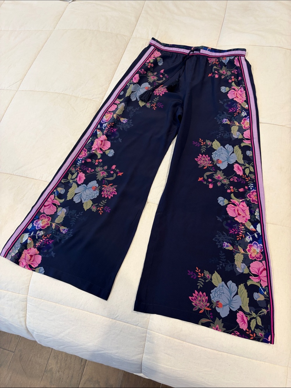 Johnny Was Navy Wide Leg Floral Pants with Pink Trim